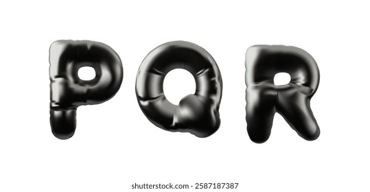 3D English alphabet uppercase letters P Q R from black inflated balloon vector icons set. Metallic render typing symbol air figures. Volume chrome Latin font signs puffy shape. Kid education