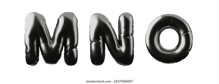 3D English alphabet uppercase letters M N O from black inflated balloon vector icons set. Metallic render typing symbols from air figures. Volume chrome Latin font signs puffy shape. Kid education