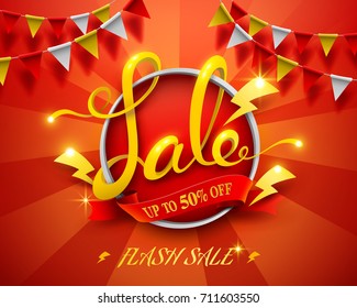 3D English calligraphy, fresh sale concept with colorful flags, banner, poster, website template background design.