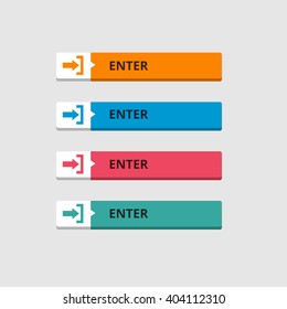 3d Enter Button set with icon. beautiful text button with icon. Orange Button, Blue Button, Red Button, Turquoise button. Call to action icon button. Flat Button Set. Vector Illustration