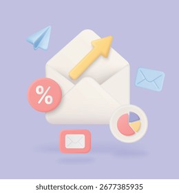 Sobre 3D con flechas, gráficos e íconos de correo electrónico que representan el marketing digital, el análisis de campañas y el crecimiento empresarial para la comunicación en línea y la Ilustración vectorial de estrategias