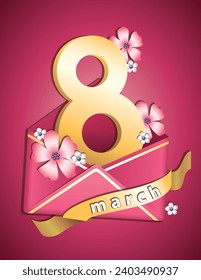 3d envelope with eight and flowers. Eight of march. Vector illustration.