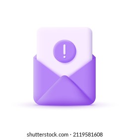 3d envelope and exclamation point isolated on white background. Trendy and modern vector in 3d style.