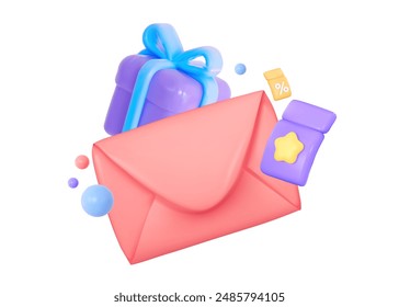 3D envelope with gift, coupons and colorful balls. For site, internet advertising, social networking. 3d vector illustration. 