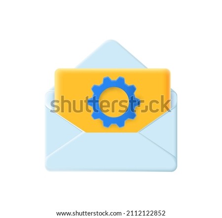 3d envelope icon with a gear and a sheet of paper isolated on a white background. Vector illustration