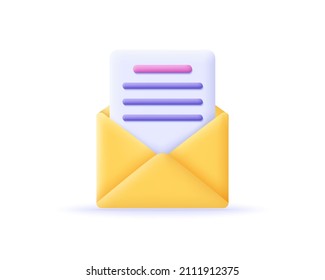 3D Envelope Icon, Incoming Mail Notify, Newsletter And Online Email Concept. 3d Realistic Vector Illustration