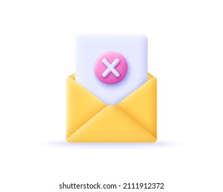 3D envelope icon. Mail sign with pink cross. Email concept to cancel or unsubscribe. Delete letter sign. Computer button. Information element. 3d realistic vector illustration for social networks.