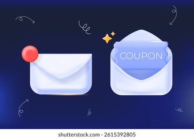 3D envelope icon with revealed coupon and envelope with incoming message, email marketing, promo alerts, exclusive offers inbox deals
