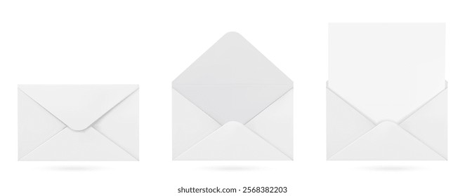 3D envelope mockups set isolated on white. Vector realistic illustration of open closed letters with blank paper sheet inside, mail document, e-mail icon, text message symbol, business correspondence