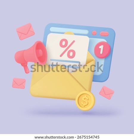 3d envelope with percent sign, megaphone, coin, and notification symbol for email marketing, digital promotion, and online advertising campaign vector illustration
