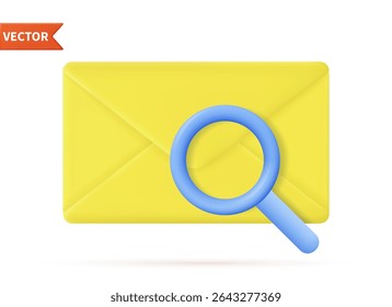 3d envelope render. Concept search icon. 3D mail envelope with magnifying glass isolated on white background.