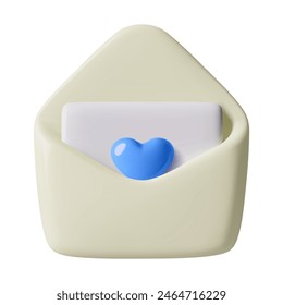 3D envelope vector icon with blue heart inside. Father's Day or boy newborn three dimensional minimal cute message emoji.