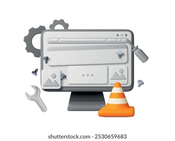 3d Error 404 3d icon. System upgrade, development and service work on web page. Repair tools and monitor, plastic traffic cone. Realistic render vector concept