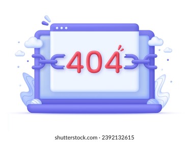 3D Error 404 page not found on Computer. System error, broken page. For presentation, infographic, website, apps and other uses. Trendy and modern vector in 3d style.