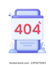 3D Error 404 page not found on Phone. System error, broken page. For presentation, infographic, website, apps and other uses. Trendy and modern vector in 3d style.