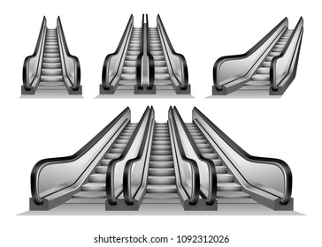3d Escalator Elevator Stairs Lift Mockup Set. Realistic Illustration Of 4 3d Escalator Elevator Stairs Lift Mockups For Web