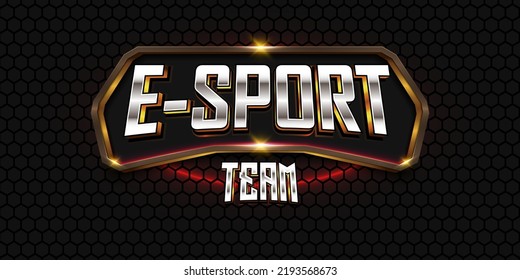 3d e-sports team logo text effect with gold emblem and dark hexagonal background