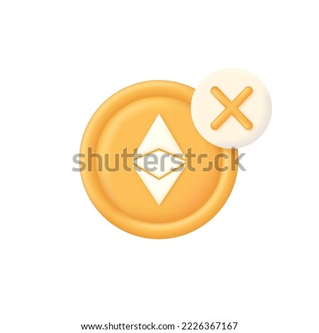 3D Ethereum and cross mark illustration. ETH icon. Approved Payment icon. Successful transaction. Buy or sell currency online. Cryptocurrency transaction. Online banking. Modern vector in 3d style