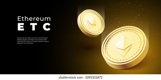 3D Ethereum ETC Kryptowährung auf mobilem Hintergrund. Banner-Vektorgrafik