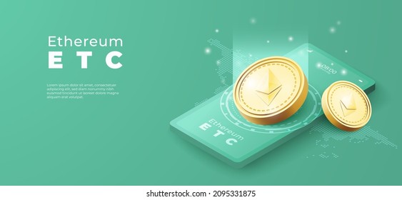 3D Ethereum ETC crypto currency on mobile background. Banner vector illustration