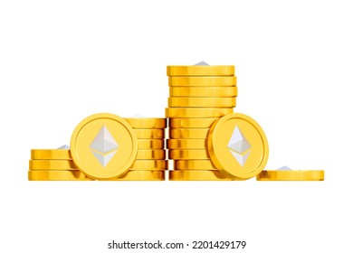 3d ethereum cryptocurrency stack of golden coins, money realistic. Vector illustration. Financial assets and electronic payment, growth of income due to mining and investment. Global currency