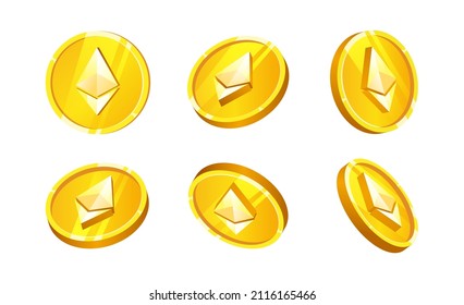 3d Ethereum or ETH coin from a different angle or positions. Cryptocurrency. Blockchain technology. Crypto currency, internet money. Mining, finance, digital money market. Vector sign payment symbo