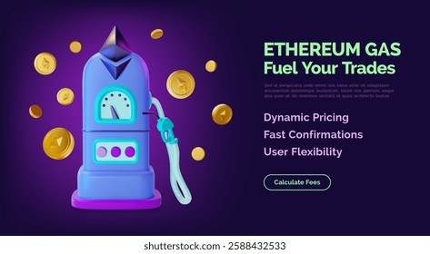 3d Ethereum Gas Fuel Your Trades Crypto Currency Concept Ads Banner Poster Card Cartoon Design Style. Vector illustration of Cryptocurrency Finance