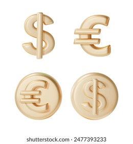 3d Euro and Dollar Coins Set Cartoon Design Style Isolated on a White Background. Vector illustration of Golden Coin