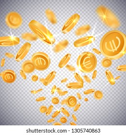 3d euro gold coins explosion in realistic style,big win jackpot game casino concept on transparent background,business finance currency mockup banner design.Cash profit sign icons,web online concept