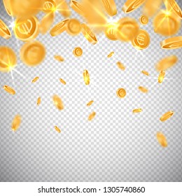 3d euro gold coins fall in realistic style,big win jackpot game casino concept on transparent background,business finance currency mockup banner design.Cash profit sign icons,web online concept