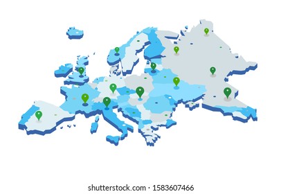 3d Europe map with gps pins isolated - Vector