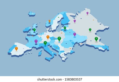 3d Europe map with gps pins - Vector