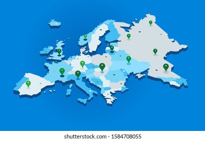 3d Europe map with gps pins - Vector