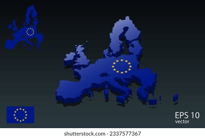 Mapa y bandera de la unión europea en 3D. Diseño de forma 3D . Concepto del Día de la Independencia. Vista de perspectiva . Vector