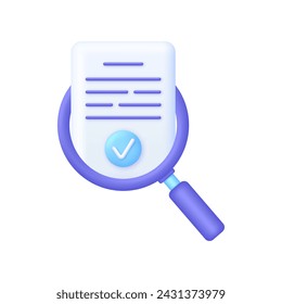 3D Evaluate result icon. File and magnifying glass. Concept of analyze project. Magnifier evaluation checklist icon. Trendy and modern vector in 3d style