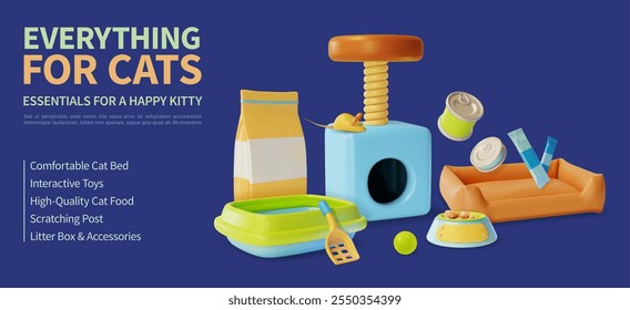 3d Everything for Cats Pet Shop Concept Ads Banner Promotion Poster Card. Vector illustration of Comfortable Bed, Interactive Toys, Food and Accessories