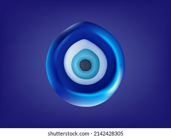 3d evil eye. Turkish amulet. Greek mystical, modern, religious symbol. Cool talisman spiritual, vision and knowledge, discovery soul. Glass symbol of energy. Blue evil eye. Vector illustration