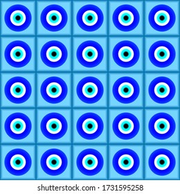 Patrón transparente de ojos malvados 3D. Los ojos turcos tienen un fondo. Diseño geométrico degradado. Patrón de mosaico vectorial azul. Patrón sin foco.  Sigue otros patrones de mosaico en mis colecciones.
