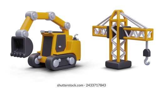 3D excavator with empty bucket, construction crane with hook