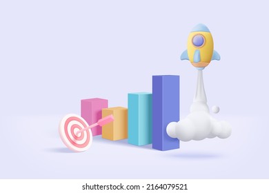 3d excellent business graph with flying space rocket concept. space for business startup and growth statistics trading, bank, finance, investment. 3d rocket icon vector illustration