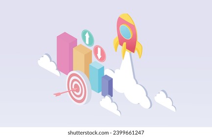 3d excelente gráfico de negocios con concepto de cohete espacial volador. espacio para el comercio de estadísticas de emprendimientos y crecimiento, bancos, finanzas, inversión.en fondo pastel.3d hecho a mano.