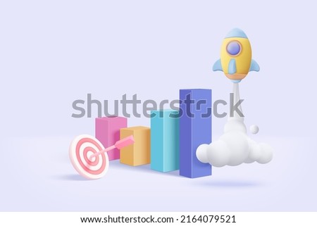 3d excellent business graph with flying space rocket concept. space for business startup and growth statistics trading, bank, finance, investment. 3d rocket icon vector illustration