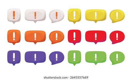 3D Exclamation Chat Bubble Icons – Red, Orange, Yellow, Purple, Green, and White Notification Symbols for Info Alerts and Colorful UI Messaging Design. Vector.