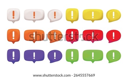 3D Exclamation Chat Bubble Icons – Red, Orange, Yellow, Purple, Green, and White Notification Symbols for Info Alerts and Colorful UI Messaging Design. Vector.