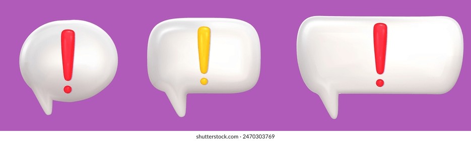 3d exclamation mark on dialogue balloon set. Alert or error sign 3d vector render. Exclamation icon mark red and yellow color on white bubble