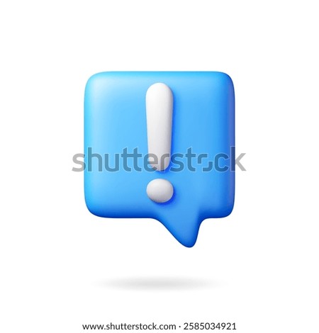 3D exclamation mark in white square chat bubble isolated. Attention chat speech bubble icon. Alert and alarm symbol. Social media network notification reminder. Vector illustration