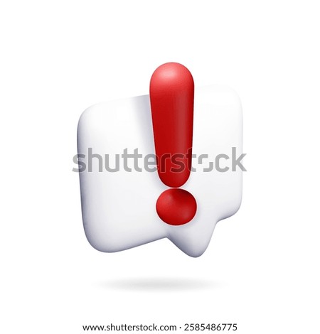 3D exclamation mark in white square chat bubble isolated. Attention chat speech bubble icon. Alert and alarm symbol. Social media network notification reminder. Vector illustration