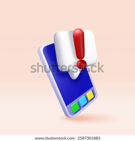 3D exclamation mark in white square chat bubble in phone. Attention chat speech bubble icon and smartphone. Alert and alarm symbol. Social media network notification reminder. Vector illustration