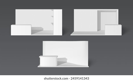 3D exhibition booth mockups set isolated on background. Vector realistic illustration show room with blank walls, empty shelves for product presentation and office desk, business expo design elements