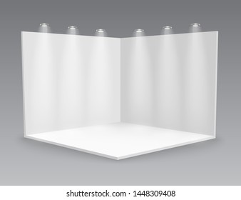 3D exhibition booth. White empty promotional. Vector white empty geometric square. Presentation event room display. Blank box template